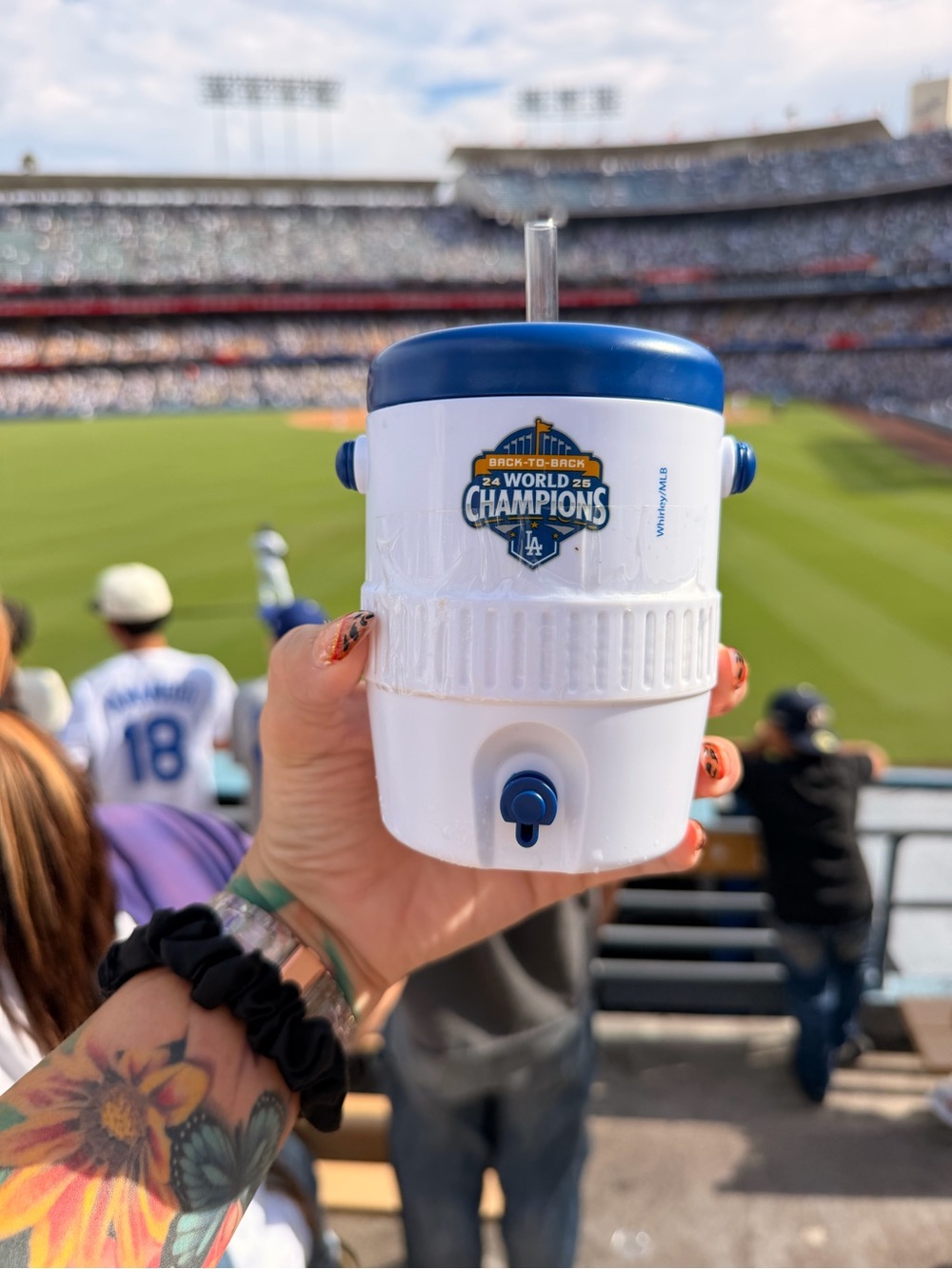 White and Blue Mini Drink Cooler with 2024 2025 Champions Emblem
